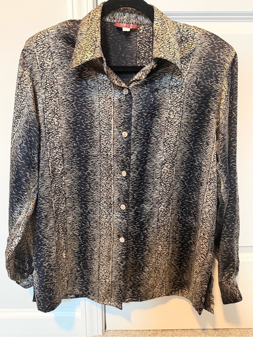 Vintage 100% Silk Blouse Black Tan Abstract Print Shoulder Pads Button Down